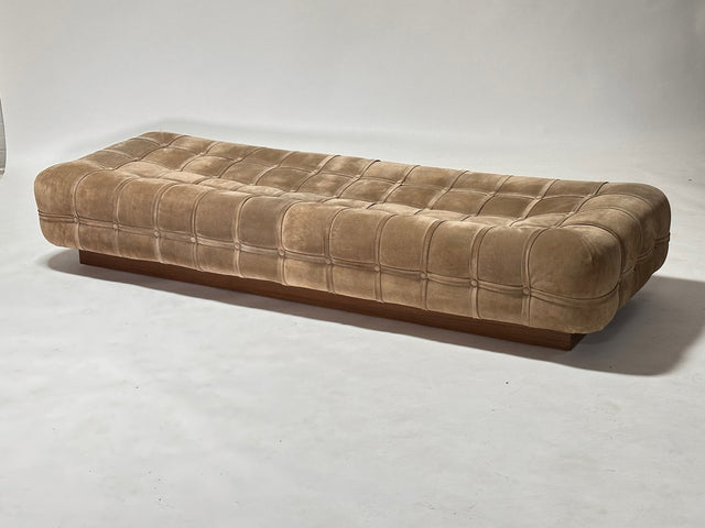 Suede Marshmallow Pouf Bench/ Daybed on Walnut Plinth Base