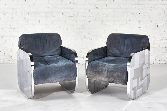 Paul Evans Chrome and Suede Cityscape Lounge Chairs for Directional