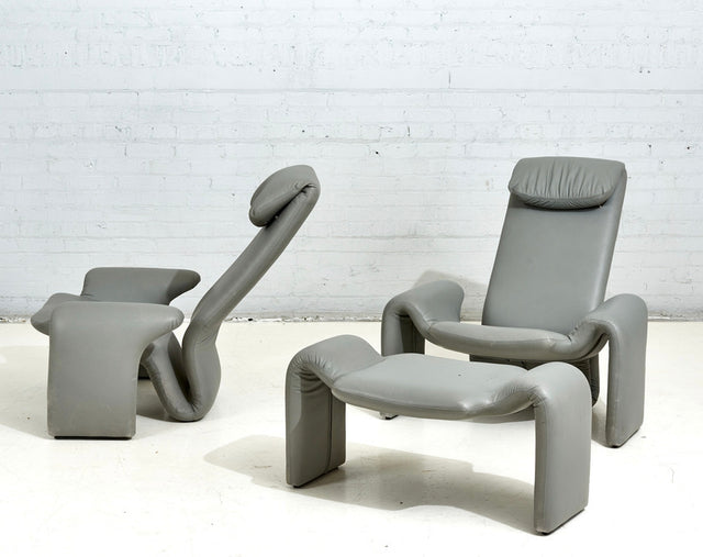 Pair of ‘Ribbon’ Gray Leather Lounge Chairs and Ottoman by Steve Leonard for Brayton Intl