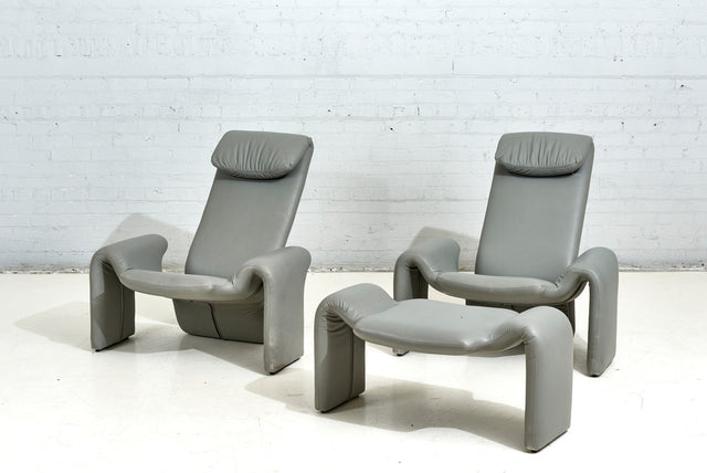 Pair of ‘Ribbon’ Gray Leather Lounge Chairs and Ottoman by Steve Leonard for Brayton Intl