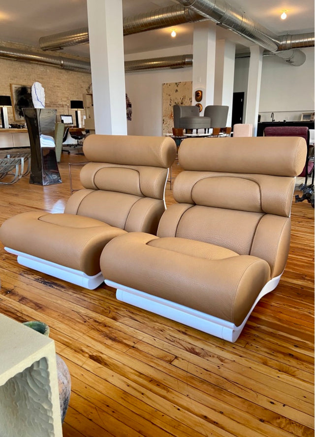 Pair of Raphael Raffle Brown Leather Futurist Lounge Chairs