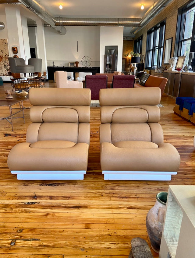 Pair of Raphael Raffle Brown Leather Futurist Lounge Chairs